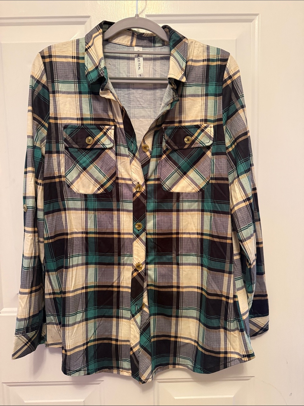 Tickled Teal Women's Plaid Button-Down Shirt in Teal, Cream & Black